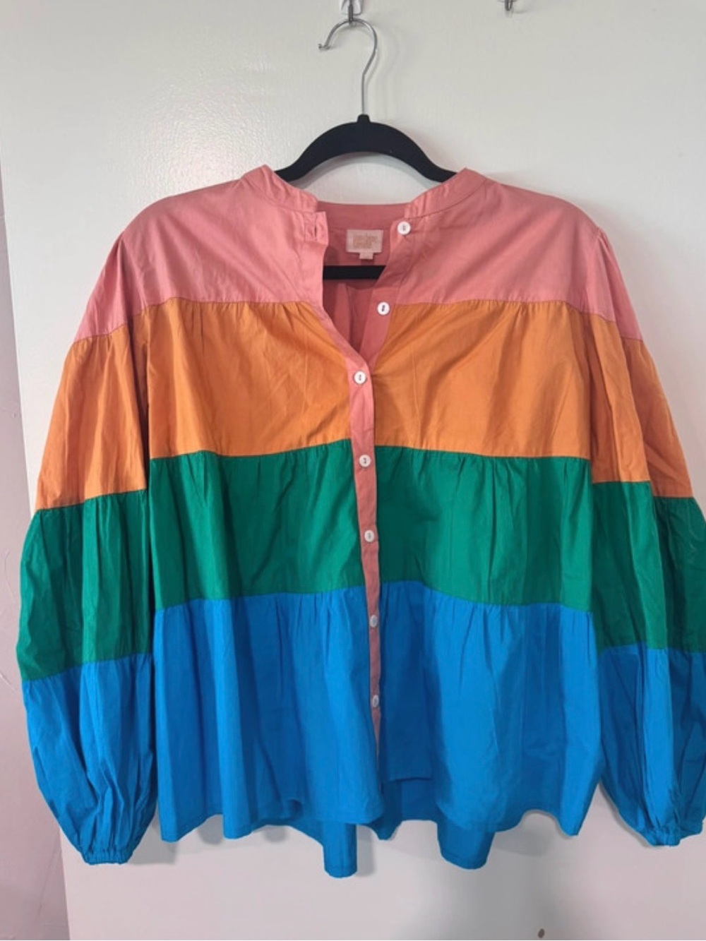 Sunshine Tienda Colorblock Cotton Balloon Sleeve Blouse Top M